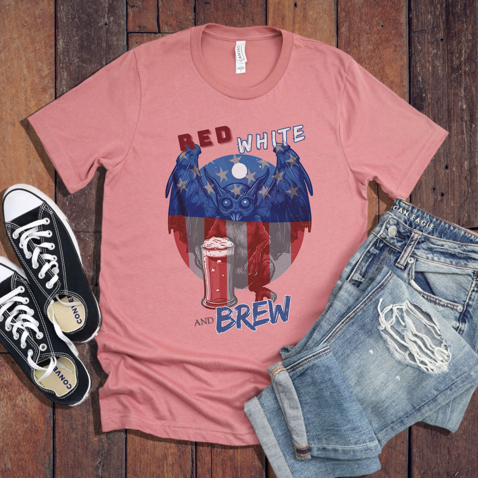 Classic Mothman Red, White, and Brew T-Shirt - Image 4