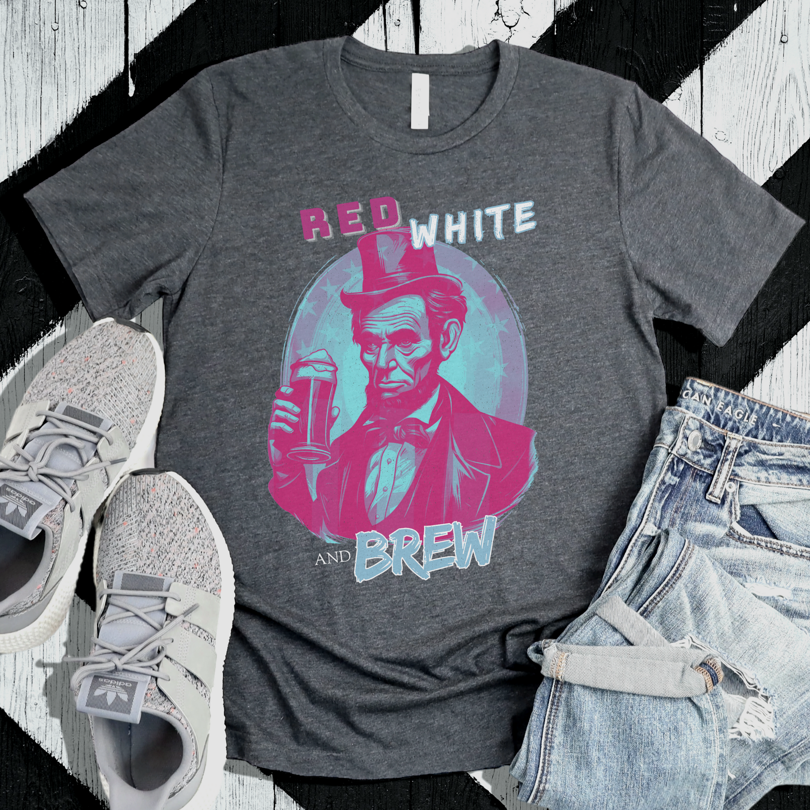 Modern Abe Lincoln Red, White, and Brew T-Shirt