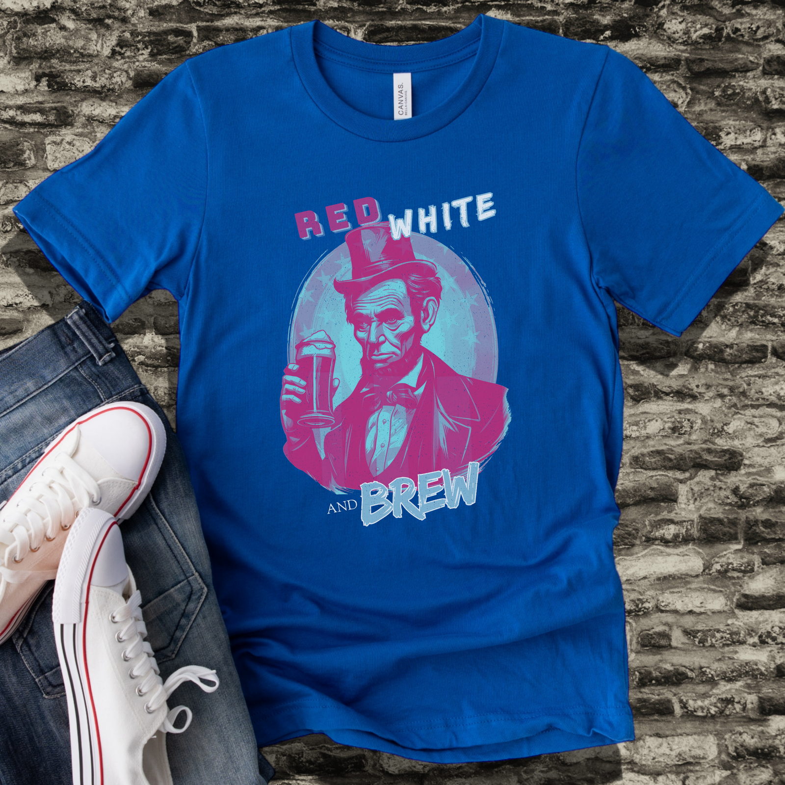Modern Abe Lincoln Red, White, and Brew T-Shirt - Image 2