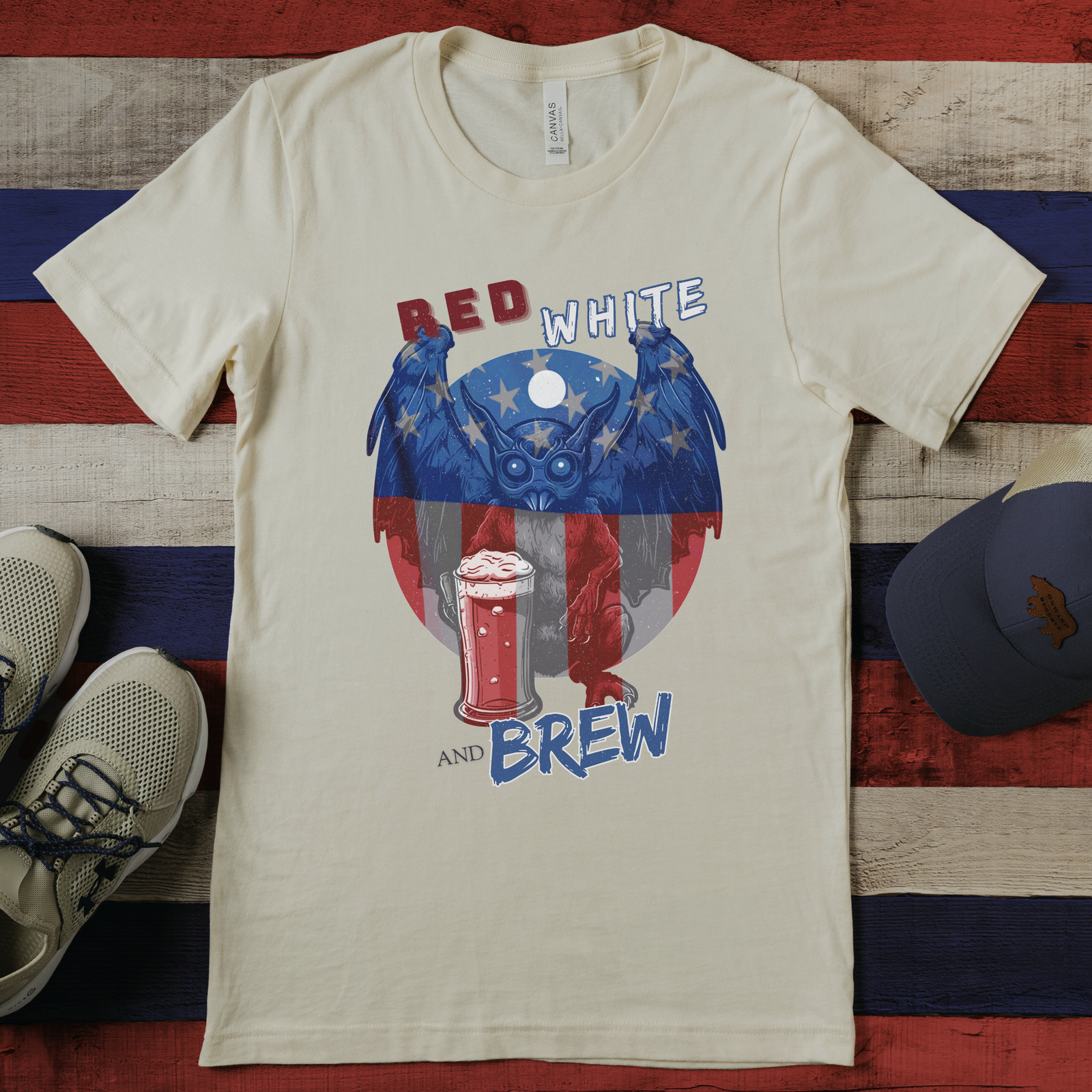 Classic Mothman Red, White, and Brew T-Shirt - Image 3